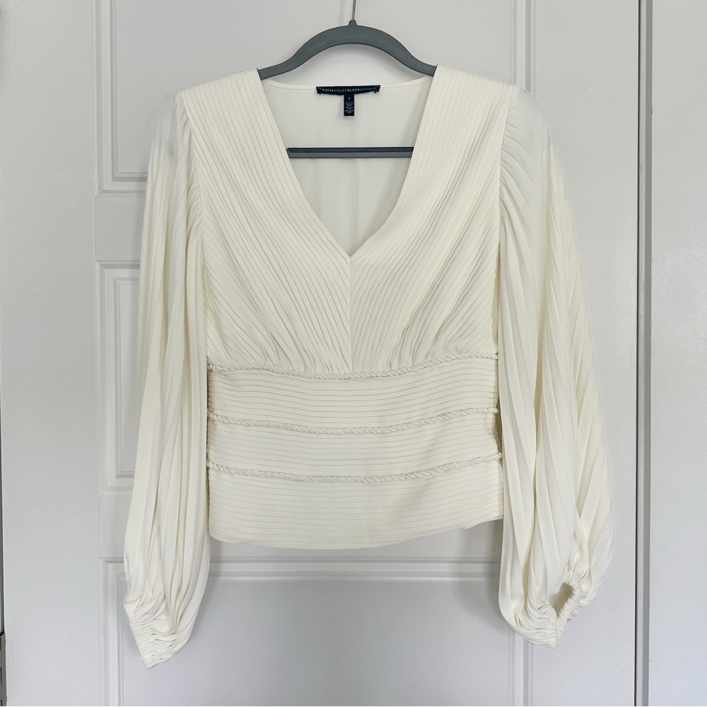 White House Black Market Pintucked Banded Bottom Blouse, White Cream | Size 4 - Picture 3 of 8